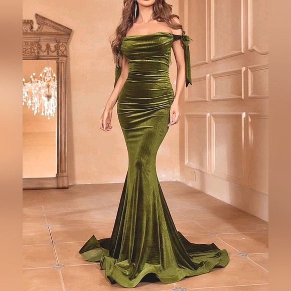 New Glam Velvet Ruched Bodycon Stretch Maxi Mermaid Gown Dress Olive Green - Picture 4 of 10